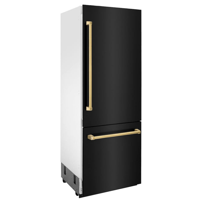 ZLINE 30 in. Autograph Edition 16.1 cu. ft. Built-in 2-Door Bottom Freezer Refrigerator with Internal Water and Ice Dispenser in Black Stainless Steel with Polished Gold Accents (RBIVZ-BS-30-G)