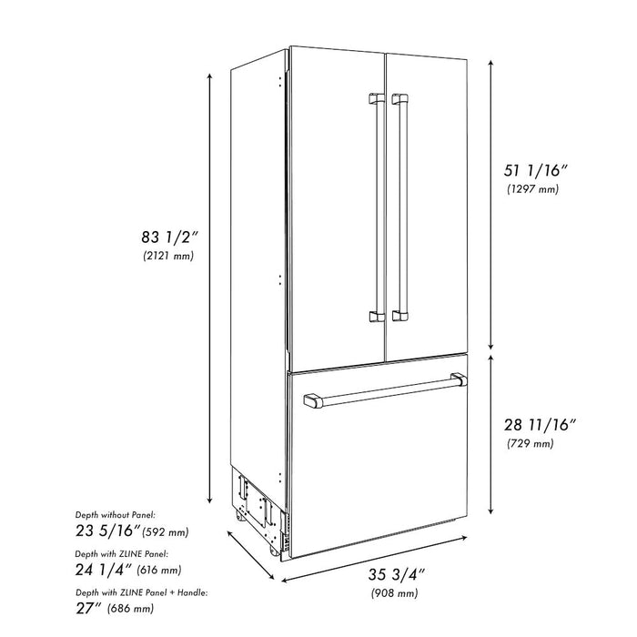 ZLINE 36 in. Autograph Edition 19.6 cu. ft. Built-in 3-Door French Door Refrigerator with Internal Water and Ice Dispenser in Black Stainless Steel with Champagne Bronze Accents (RBIVZ-BS-36-CB)