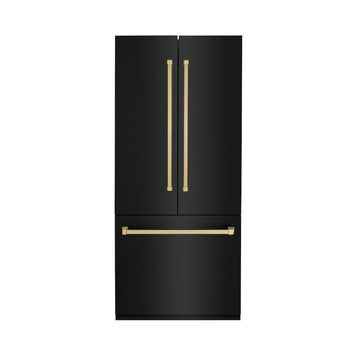 ZLINE 36 in. Autograph Edition 19.6 cu. ft. Built-in 3-Door French Door Refrigerator with Internal Water and Ice Dispenser in Black Stainless Steel with Champagne Bronze Accents (RBIVZ-BS-36-CB)