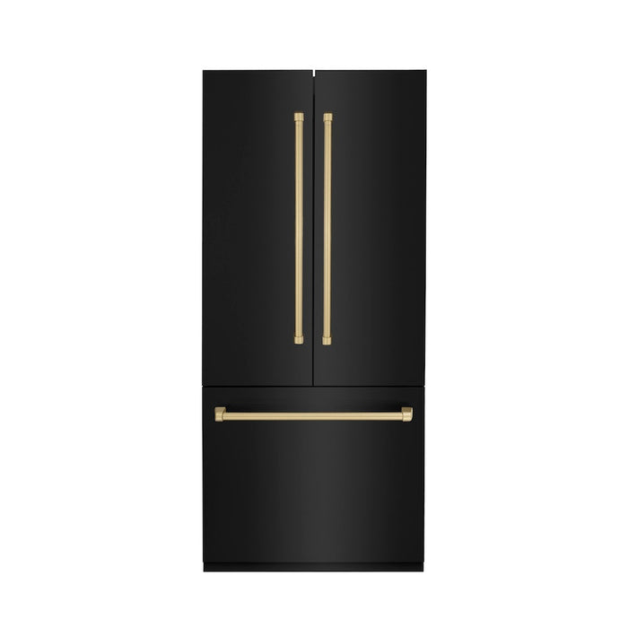 ZLINE 36 in. Autograph Edition 19.6 cu. ft. Built-in 3-Door French Door Refrigerator with Internal Water and Ice Dispenser in Black Stainless Steel with Champagne Bronze Accents (RBIVZ-BS-36-CB)