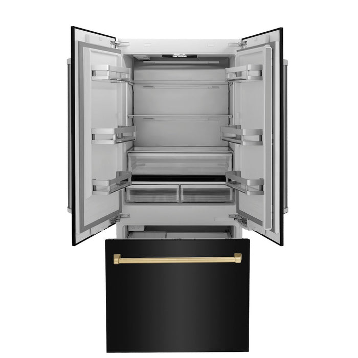 ZLINE 36 in. Autograph Edition 19.6 cu. ft. Built-in 3-Door French Door Refrigerator with Internal Water and Ice Dispenser in Black Stainless Steel with Champagne Bronze Accents (RBIVZ-BS-36-CB)