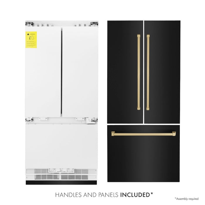 ZLINE 36 in. Autograph Edition 19.6 cu. ft. Built-in 3-Door French Door Refrigerator with Internal Water and Ice Dispenser in Black Stainless Steel with Champagne Bronze Accents (RBIVZ-BS-36-CB)