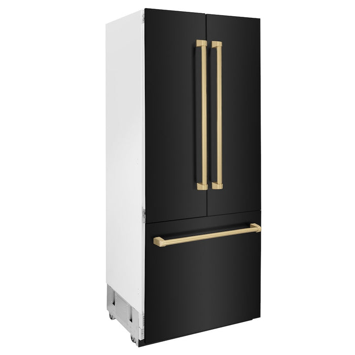 ZLINE 36 in. Autograph Edition 19.6 cu. ft. Built-in 3-Door French Door Refrigerator with Internal Water and Ice Dispenser in Black Stainless Steel with Champagne Bronze Accents (RBIVZ-BS-36-CB)