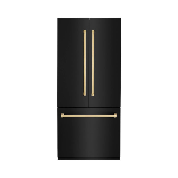 ZLINE 36 in. Autograph Edition 19.6 cu. ft. Built-in 3-DoorFrench Door Refrigerator with Internal Water and Ice Dispenser in Black Stainless Steel with Polished Gold Accents (RBIVZ-BS-36-G)