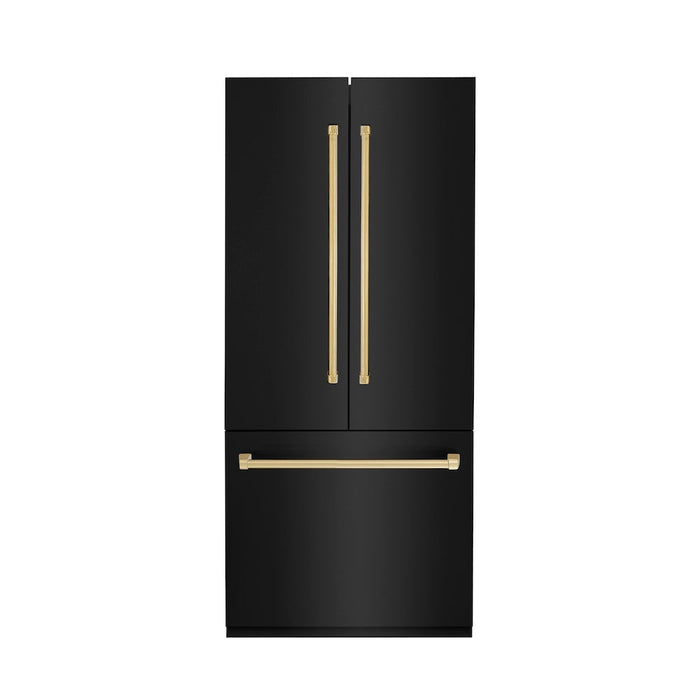 ZLINE 36 in. Autograph Edition 19.6 cu. ft. Built-in 3-DoorFrench Door Refrigerator with Internal Water and Ice Dispenser in Black Stainless Steel with Polished Gold Accents (RBIVZ-BS-36-G)