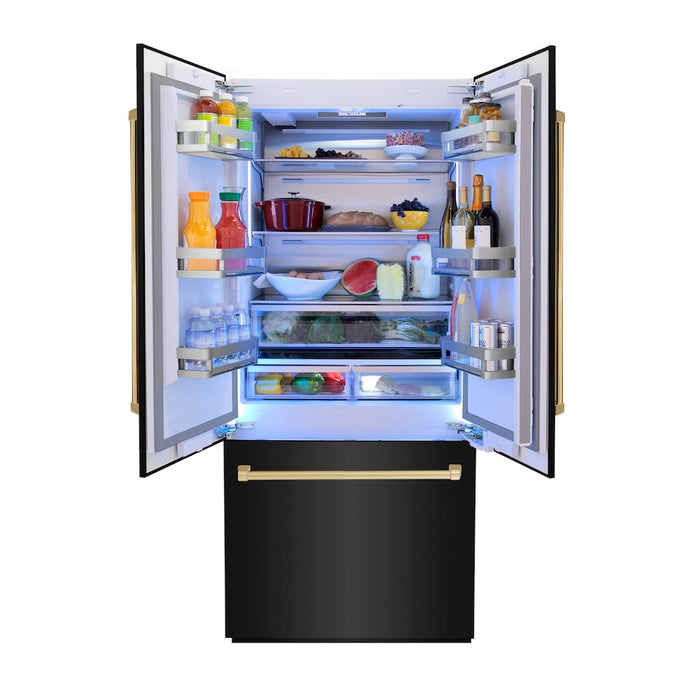 ZLINE 36 in. Autograph Edition 19.6 cu. ft. Built-in 3-DoorFrench Door Refrigerator with Internal Water and Ice Dispenser in Black Stainless Steel with Polished Gold Accents (RBIVZ-BS-36-G)