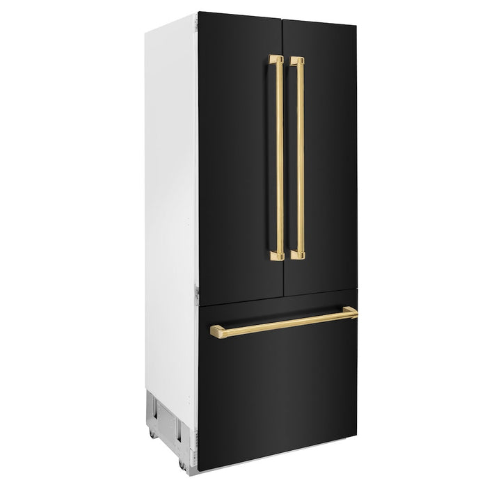 ZLINE 36 in. Autograph Edition 19.6 cu. ft. Built-in 3-DoorFrench Door Refrigerator with Internal Water and Ice Dispenser in Black Stainless Steel with Polished Gold Accents (RBIVZ-BS-36-G)