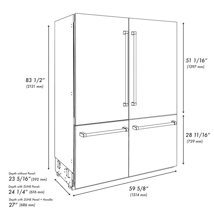 ZLINE 60 in. Autograph Edition 32.2 cu. ft. Built-in 4-Door French Door Refrigerator with Internal Water and Ice Dispenser in Black Stainless Steel with Champagne Bronze Accents (RBIVZ-BS-60-CB)