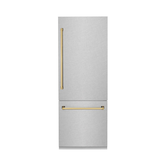 ZLINE 30 in. Autograph Edition 16.1 cu. ft. Built-in 2-Door Bottom Freezer Refrigerator with Internal Water and Ice Dispenser in Fingerprint Resistant Stainless Steel with Polished Gold Accents (RBIVZ-SN-30-G)