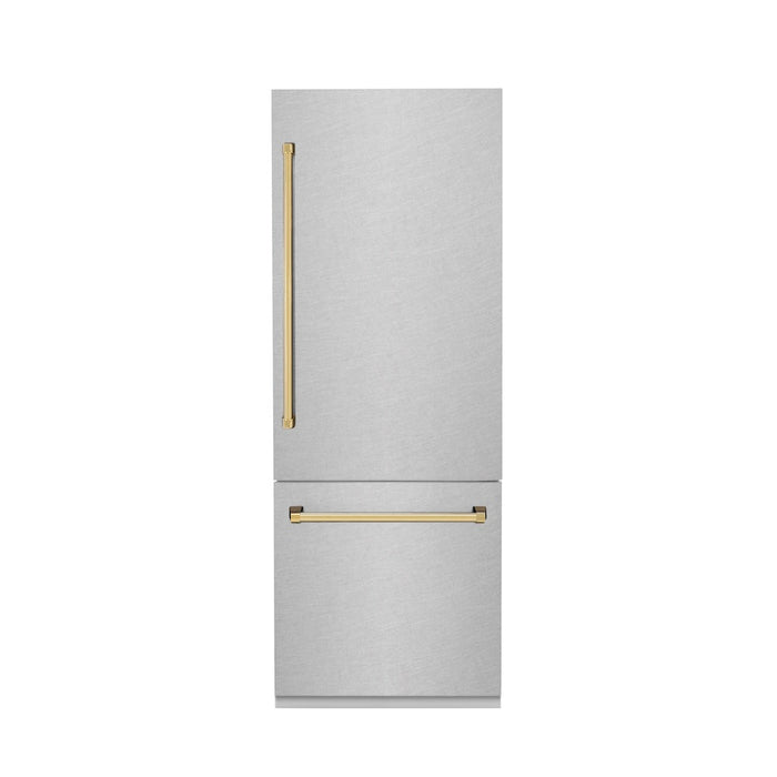 ZLINE 30 in. Autograph Edition 16.1 cu. ft. Built-in 2-Door Bottom Freezer Refrigerator with Internal Water and Ice Dispenser in Fingerprint Resistant Stainless Steel with Polished Gold Accents (RBIVZ-SN-30-G)