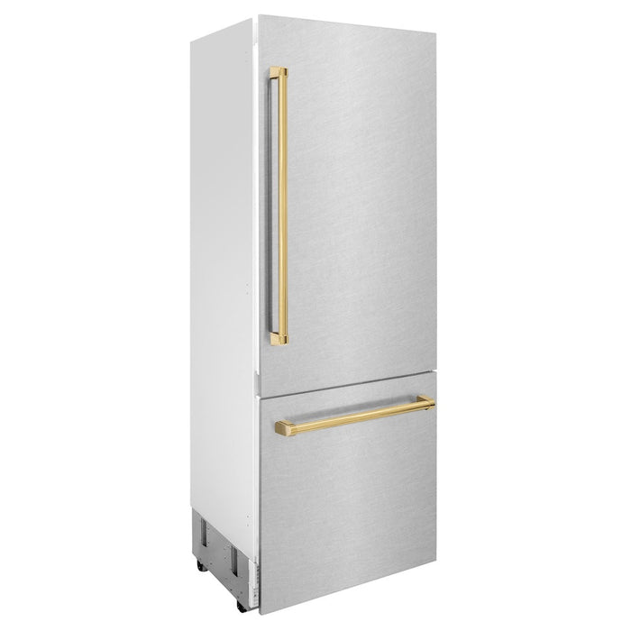 ZLINE 30 in. Autograph Edition 16.1 cu. ft. Built-in 2-Door Bottom Freezer Refrigerator with Internal Water and Ice Dispenser in Fingerprint Resistant Stainless Steel with Polished Gold Accents (RBIVZ-SN-30-G)