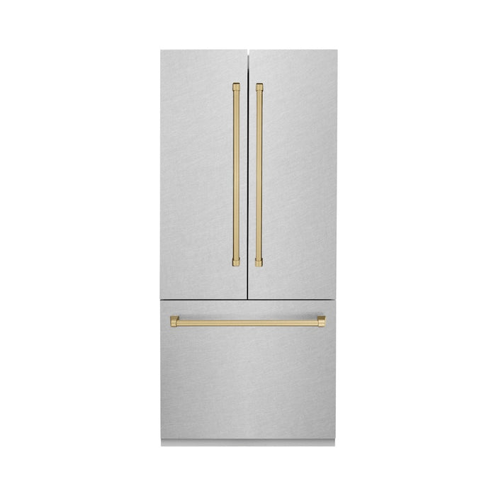 ZLINE 36 in. Autograph Edition 19.6 cu. ft. Built-in 3-Door French Door Refrigerator with Internal Water and Ice Dispenser in Fingerprint Resistant Stainless Steel with Champagne Bronze Accents (RBIVZ-SN-36-CB)