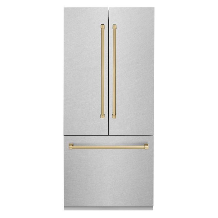 ZLINE 36 in. Autograph Edition 19.6 cu. ft. Built-in 3-Door French Door Refrigerator with Internal Water and Ice Dispenser in Fingerprint Resistant Stainless Steel with Champagne Bronze Accents (RBIVZ-SN-36-CB)