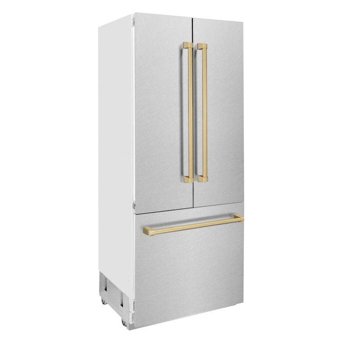 ZLINE 36 in. Autograph Edition 19.6 cu. ft. Built-in 3-Door French Door Refrigerator with Internal Water and Ice Dispenser in Fingerprint Resistant Stainless Steel with Champagne Bronze Accents (RBIVZ-SN-36-CB)