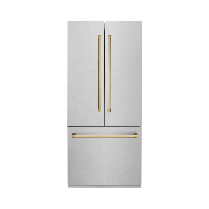 ZLINE 36 in. Autograph Edition 19.6 cu. ft. Built-in 3-Door French Door Refrigerator with Internal Water and Ice Dispenser in Fingerprint Resistant Stainless Steel with Polished Gold Accents (RBIVZ-SN-36-G)