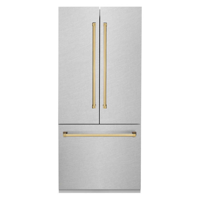 ZLINE 36 in. Autograph Edition 19.6 cu. ft. Built-in 3-Door French Door Refrigerator with Internal Water and Ice Dispenser in Fingerprint Resistant Stainless Steel with Polished Gold Accents (RBIVZ-SN-36-G)