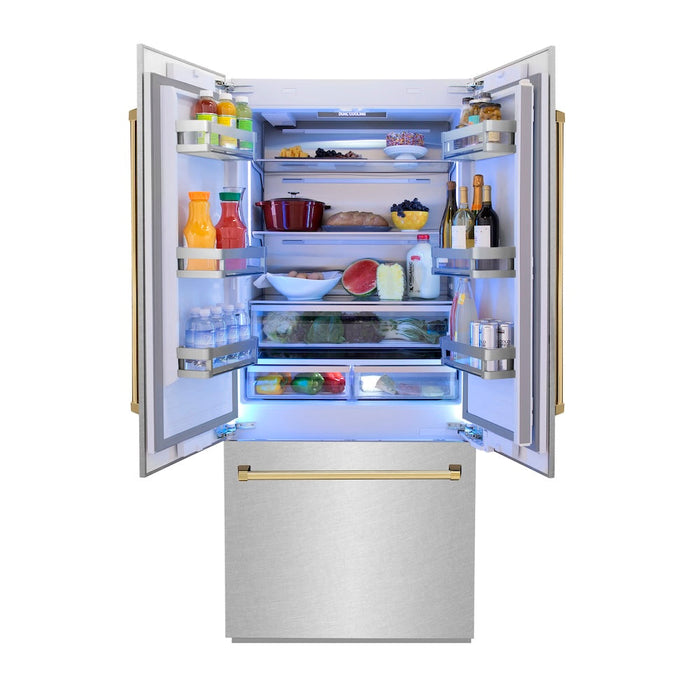 ZLINE 36 in. Autograph Edition 19.6 cu. ft. Built-in 3-Door French Door Refrigerator with Internal Water and Ice Dispenser in Fingerprint Resistant Stainless Steel with Polished Gold Accents (RBIVZ-SN-36-G)