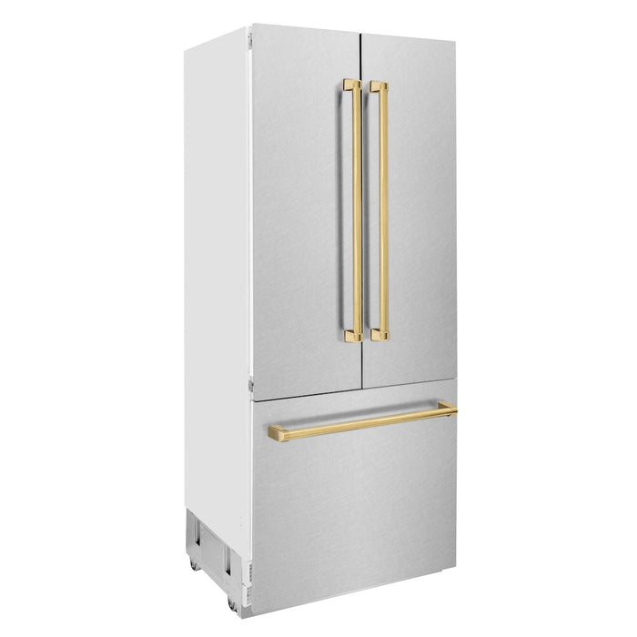 ZLINE 36 in. Autograph Edition 19.6 cu. ft. Built-in 3-Door French Door Refrigerator with Internal Water and Ice Dispenser in Fingerprint Resistant Stainless Steel with Polished Gold Accents (RBIVZ-SN-36-G)