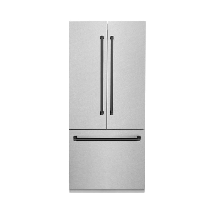 ZLINE 36 in. Autograph Edition 19.6 cu. ft. Built-in 3-Door French Door Refrigerator with Internal Water and Ice Dispenser in Fingerprint Resistant Stainless Steel with Matte Black Accents (RBIVZ-SN-36-MB)