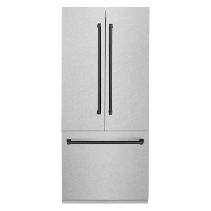 ZLINE 36 in. Autograph Edition 19.6 cu. ft. Built-in 3-Door French Door Refrigerator with Internal Water and Ice Dispenser in Fingerprint Resistant Stainless Steel with Matte Black Accents (RBIVZ-SN-36-MB)