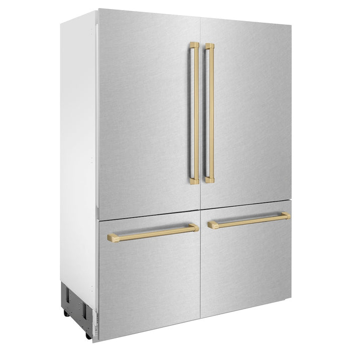 ZLINE 60 in. Autograph Edition 32.2 cu. ft. Built-in 4-Door French Door Refrigerator with Internal Water and Ice Dispenser in Fingerprint Resistant Stainless Steel with Champagne Bronze Accents (RBIVZ-SN-60-CB)