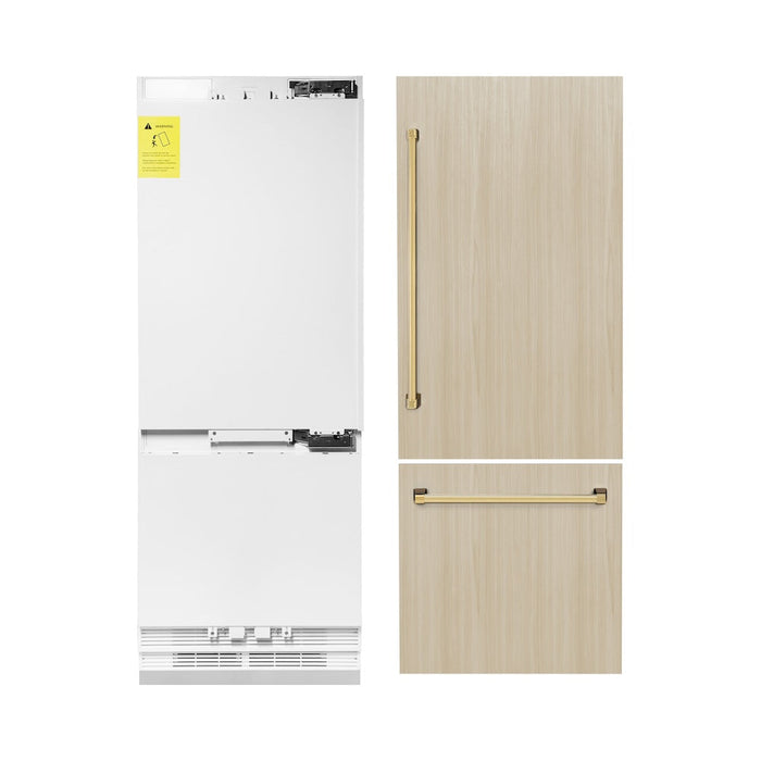 ZLINE Autograph Edition 30 in. 16.1 cu. ft. Panel Ready Built-in 2-Door Bottom Freezer Refrigerator with Internal Water and Ice Dispenser with Polished Gold Handles (RBIVZ-30-G)