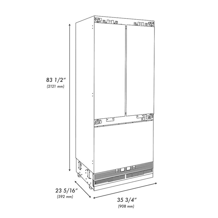 ZLINE Autograph Edition 36 in. 19.6 cu. ft. Panel Ready Built-in 3-Door French Door Refrigerator with Internal Water and Ice Dispenser with Polished Gold Handles (RBIVZ-36-G)