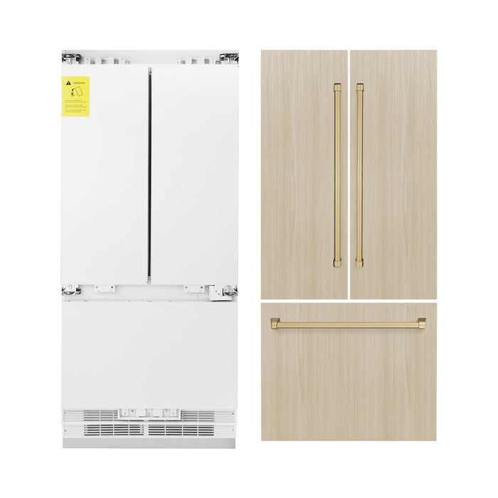 ZLINE Autograph Edition 36 in. 19.6 cu. ft. Panel Ready Built-in 3-Door French Door Refrigerator with Internal Water and Ice Dispenser with Polished Gold Handles (RBIVZ-36-G)