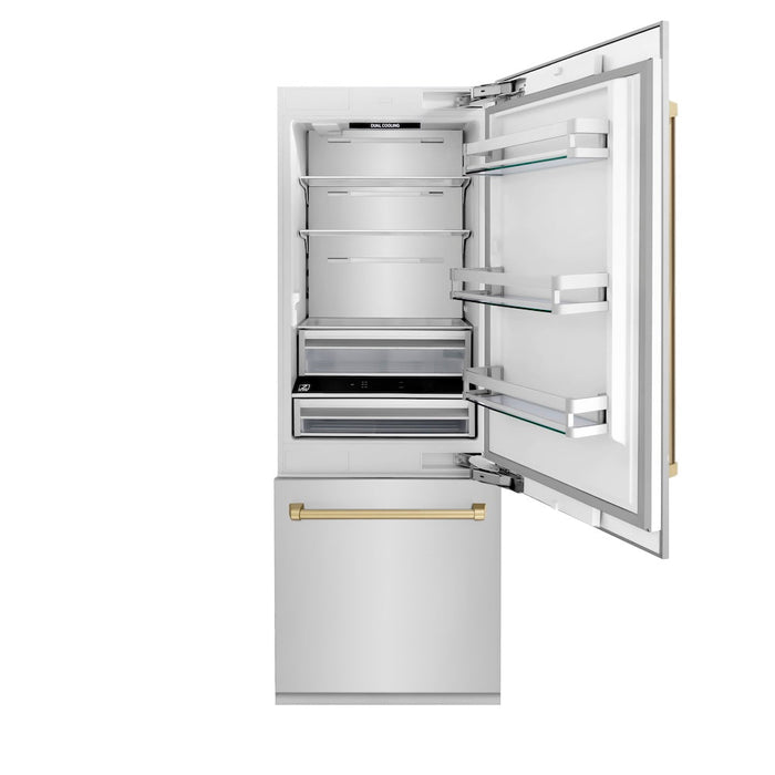 ZLINE 30 in. Autograph Edition 16.1 cu. ft. Built-in 2-Door Bottom Freezer Refrigerator with Internal Water and Ice Dispenser in Stainless Steel with Champagne Bronze Accents (RBIVZ-304-30-CB)