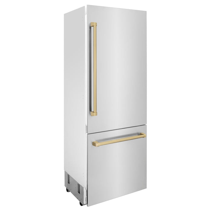 ZLINE 30 in. Autograph Edition 16.1 cu. ft. Built-in 2-Door Bottom Freezer Refrigerator with Internal Water and Ice Dispenser in Stainless Steel with Champagne Bronze Accents (RBIVZ-304-30-CB)