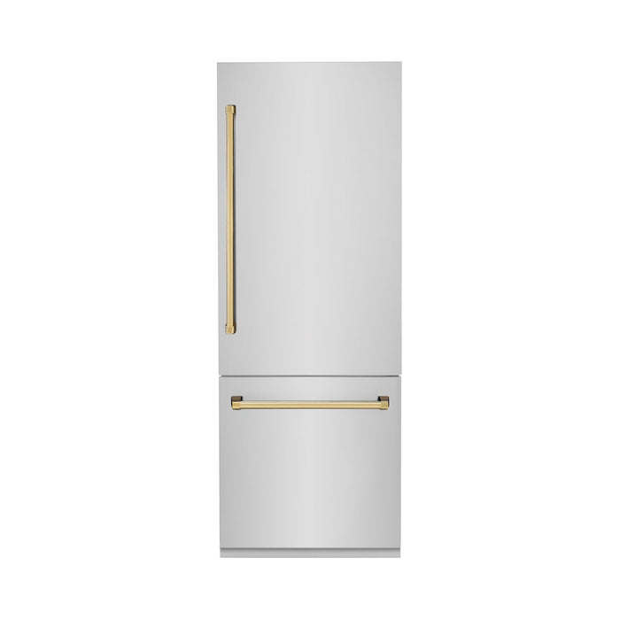 ZLINE 30 in. Autograph Edition 16.1 cu. ft. Built-in 2-Door Bottom Freezer Refrigerator with Internal Water and Ice Dispenser in Stainless Steel with Polished Gold Accents (RBIVZ-304-30-G)