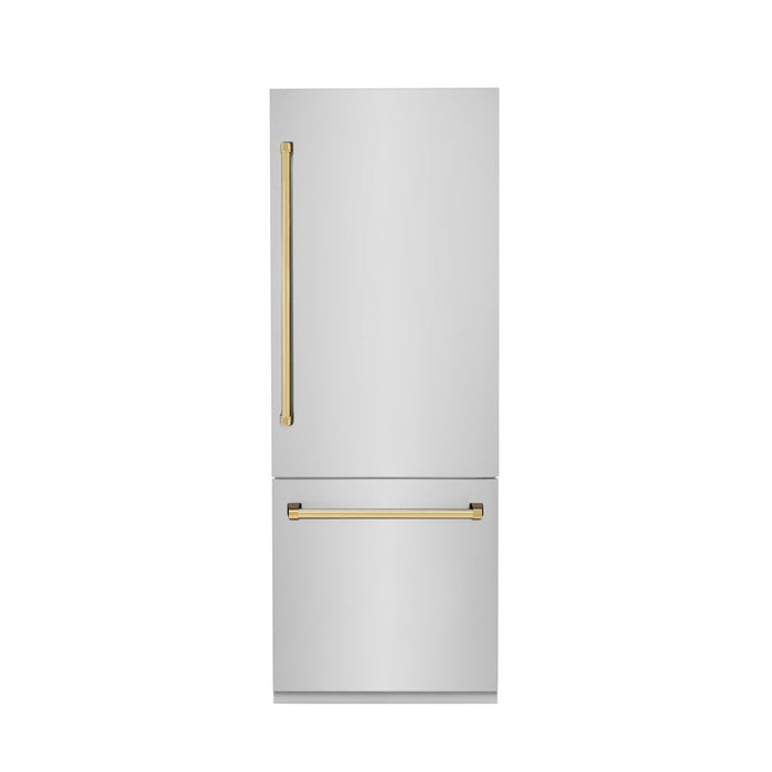 ZLINE 30 in. Autograph Edition 16.1 cu. ft. Built-in 2-Door Bottom Freezer Refrigerator with Internal Water and Ice Dispenser in Stainless Steel with Polished Gold Accents (RBIVZ-304-30-G)