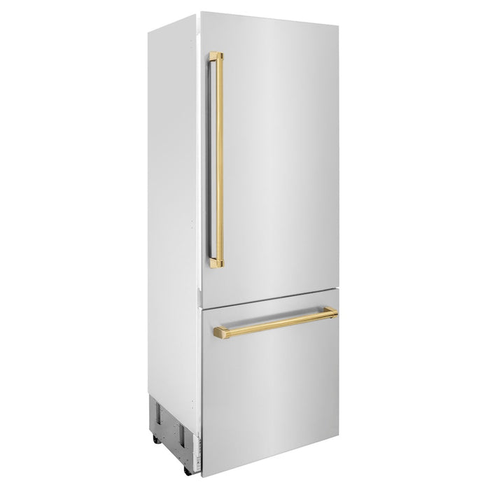 ZLINE 30 in. Autograph Edition 16.1 cu. ft. Built-in 2-Door Bottom Freezer Refrigerator with Internal Water and Ice Dispenser in Stainless Steel with Polished Gold Accents (RBIVZ-304-30-G)