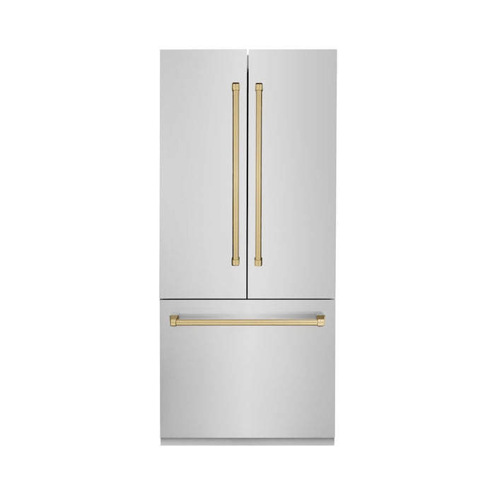 ZLINE 36 in. Autograph Edition 19.6 cu. ft. Built-in 3-Door French Door Refrigerator with Internal Water and Ice Dispenser in Stainless Steel with Champagne Bronze Accents (RBIVZ-304-36-CB)