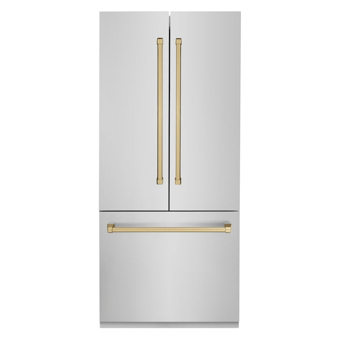 ZLINE 36 in. Autograph Edition 19.6 cu. ft. Built-in 3-Door French Door Refrigerator with Internal Water and Ice Dispenser in Stainless Steel with Champagne Bronze Accents (RBIVZ-304-36-CB)