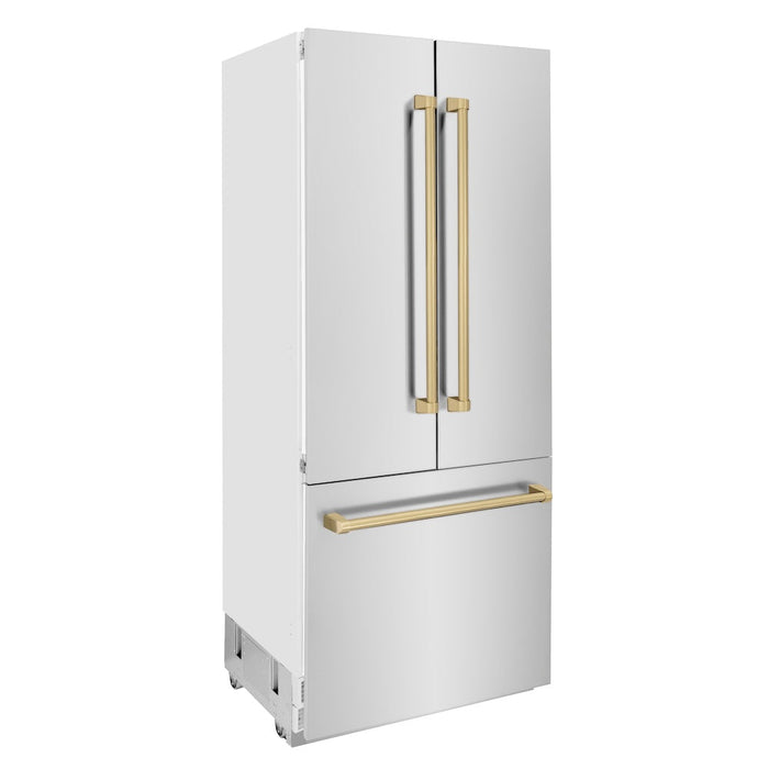 ZLINE 36 in. Autograph Edition 19.6 cu. ft. Built-in 3-Door French Door Refrigerator with Internal Water and Ice Dispenser in Stainless Steel with Champagne Bronze Accents (RBIVZ-304-36-CB)