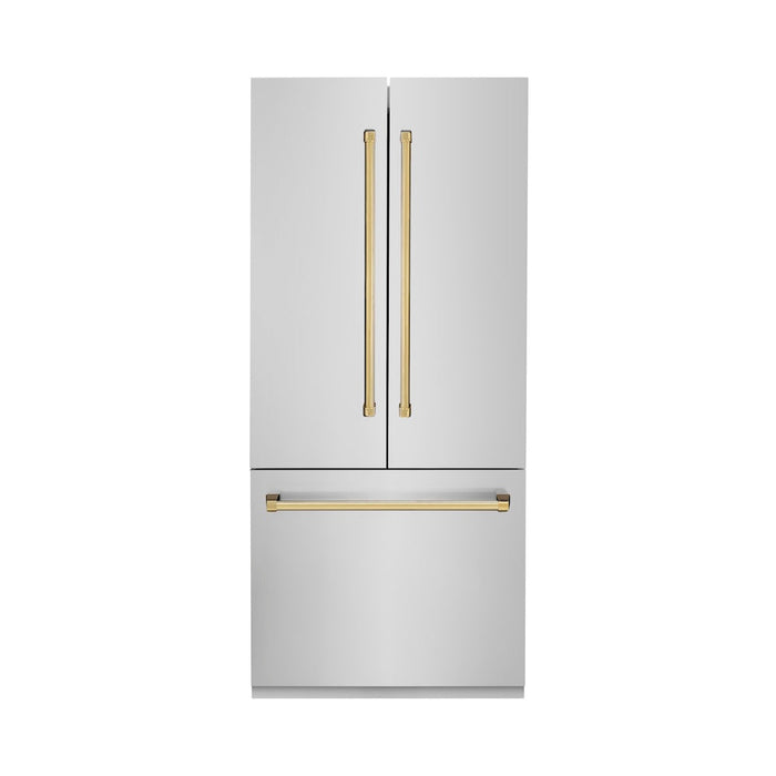 ZLINE 36 in. Autograph Edition 19.6 cu. ft. Built-in 3-Door French Door Refrigerator with Internal Water and Ice Dispenser in Stainless Steel with Polished Gold Accents (RBIVZ-304-36-G)