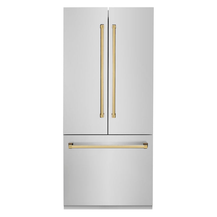 ZLINE 36 in. Autograph Edition 19.6 cu. ft. Built-in 3-Door French Door Refrigerator with Internal Water and Ice Dispenser in Stainless Steel with Polished Gold Accents (RBIVZ-304-36-G)