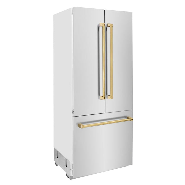 ZLINE 36 in. Autograph Edition 19.6 cu. ft. Built-in 3-Door French Door Refrigerator with Internal Water and Ice Dispenser in Stainless Steel with Polished Gold Accents (RBIVZ-304-36-G)