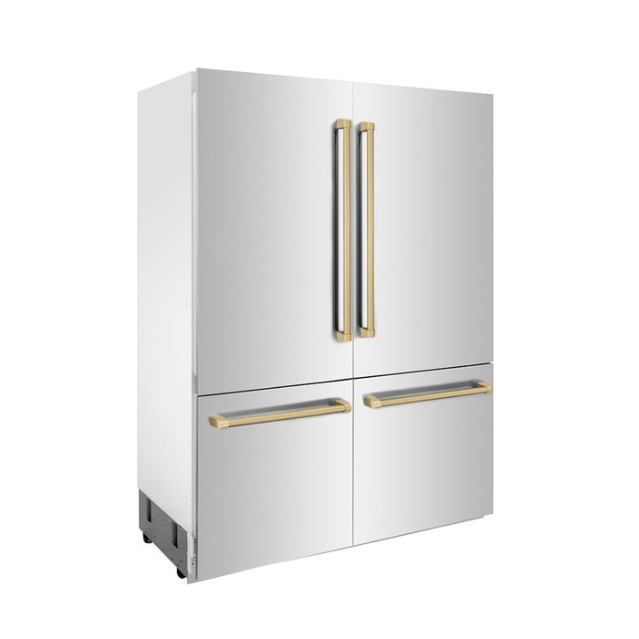 ZLINE 60 in. Autograph Edition 32.2 cu. ft. Built-in 4-Door French Door Refrigerator with Internal Water and Ice Dispenser in Stainless Steel with Champagne Bronze Accents (RBIVZ-304-60-CB)