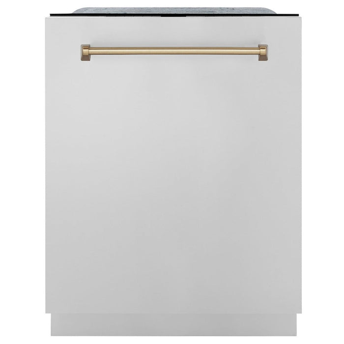 ZLINE Autograph Edition 24 in. Monument Series 3rd Rack Top Touch Control Tall Tub Dishwasher in Stainless Steel with Champagne Bronze Handle, 45dBa (DWMTZ-304-24-CB)