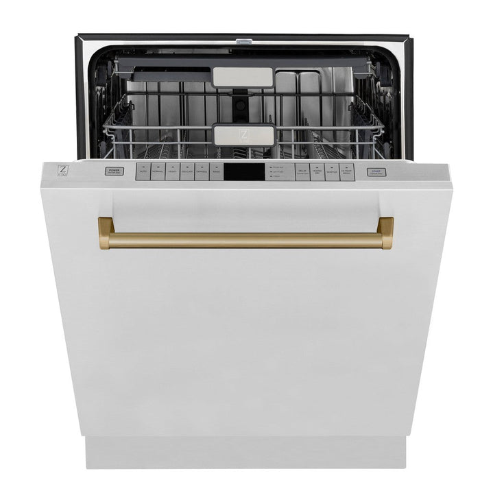 ZLINE Autograph Edition 24 in. Monument Series 3rd Rack Top Touch Control Tall Tub Dishwasher in Stainless Steel with Champagne Bronze Handle, 45dBa (DWMTZ-304-24-CB)