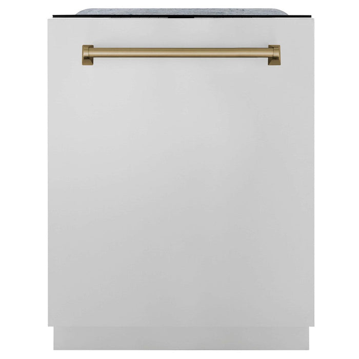 ZLINE Autograph Edition 36 in. Kitchen Package with Stainless Steel Dual Fuel Range, Range Hood, Dishwasher and Refrigeration Including External Water Dispenser with Champagne Bronze Accents (4AKPR-RARHDWM36-CB)