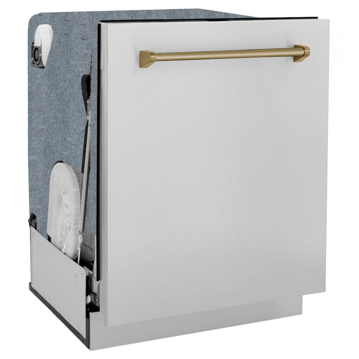 ZLINE Autograph Edition 24 in. Monument Series 3rd Rack Top Touch Control Tall Tub Dishwasher in Stainless Steel with Champagne Bronze Handle, 45dBa (DWMTZ-304-24-CB)