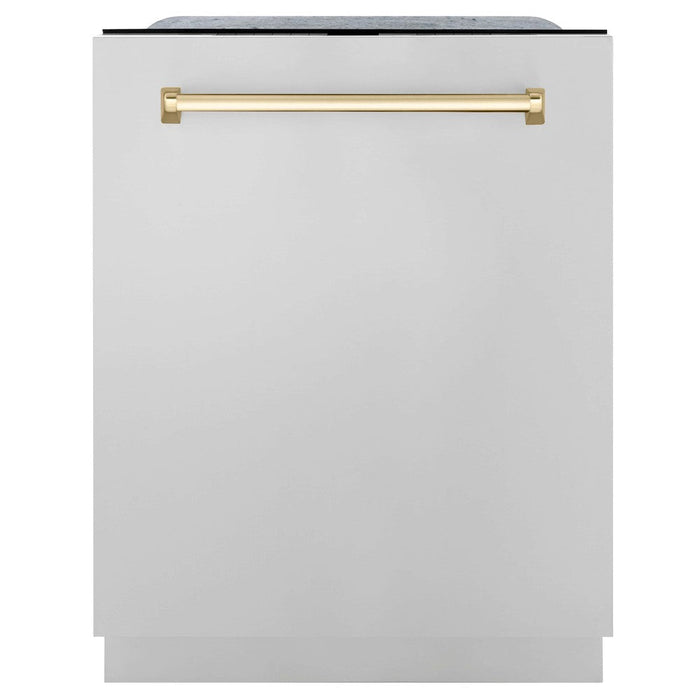 ZLINE Autograph Edition 30 in. Kitchen Package with Stainless Steel Dual Fuel Range, Range Hood, Dishwasher and French Door Refrigerator with Polished Gold Accents (4KAPR-RARHDWM30-G)