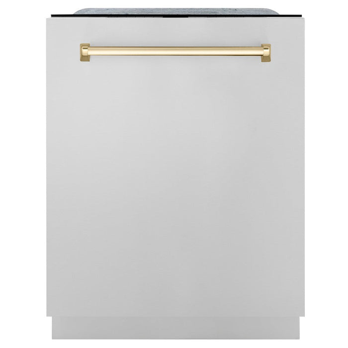 ZLINE Autograph Edition 36 in. Kitchen Package with Stainless Steel Dual Fuel Range, Range Hood, Dishwasher and Refrigeration with Polished Gold Accents (4KAPR-RARHDWM36-G)