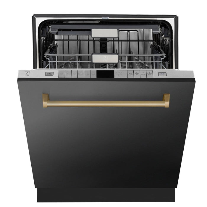 ZLINE Autograph Edition 24 in. Monument Series 3rd Rack Top Touch Control Tall Tub Dishwasher in Black Stainless Steel with Champagne Bronze Handle, 45dBa (DWMTZ-BS-24-CB)