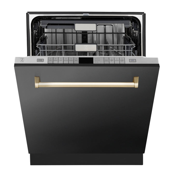 ZLINE Autograph Edition 24 in. Monument Series 3rd Rack Top Touch Control Tall Tub Dishwasher in Black Stainless Steel with Polished Gold Handle, 45dBa (DWMTZ-BS-24-G)