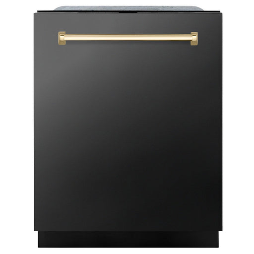 ZLINE Autograph Edition 24 in. Monument Series 3rd Rack Top Touch Control Tall Tub Dishwasher in Black Stainless Steel with Polished Gold Handle, 45dBa (DWMTZ-BS-24-G) front, closed.