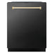 ZLINE Autograph Edition 24 in. Monument Series 3rd Rack Top Touch Control Tall Tub Dishwasher in Black Stainless Steel with Polished Gold Handle, 45dBa (DWMTZ-BS-24-G) front, closed.